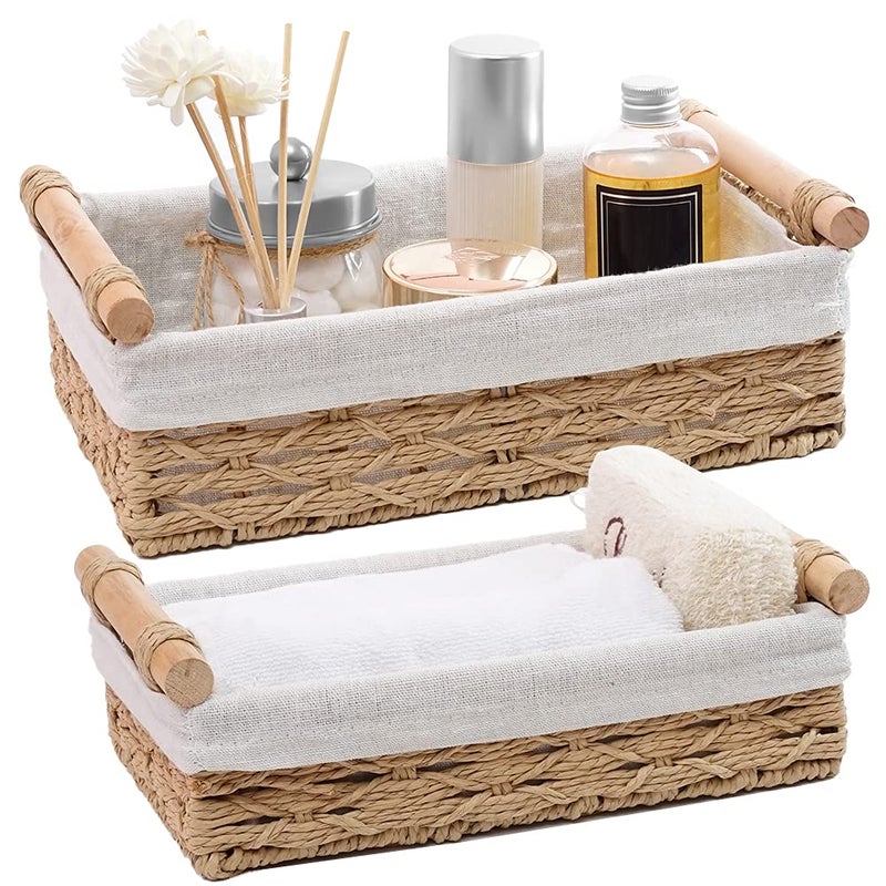 DUO ER DUOER Round Paper Rope Storage Basket, Wicker Baskets for Organizing with Handle, Decorative Bins for Countertop, Toilet Paper Basket for Toilet Tank Top, Small Baskets Set (Set of 2,Beige) - Image 1